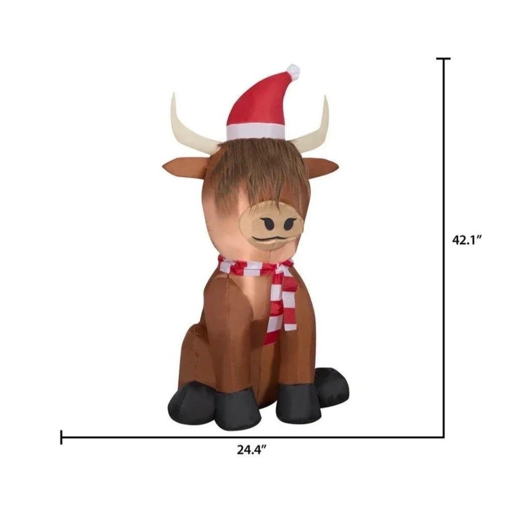 3.5ft Scottish Highlander Cow in Santa Hat Holiday Airblown Inflatable